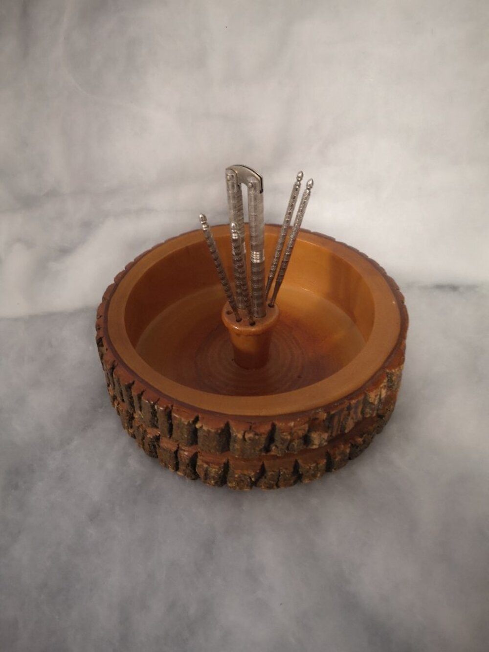 Vintage Ellwood Rustic Ware Wooden Nut Bowl w/ Metal Cracker & Picks 8" Round